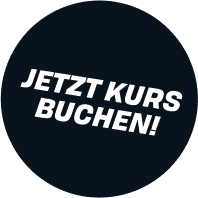 Runder Button mit dem Text „JETZT KURS BUCHEN!“ in fett, auf dunklem Hintergrund.